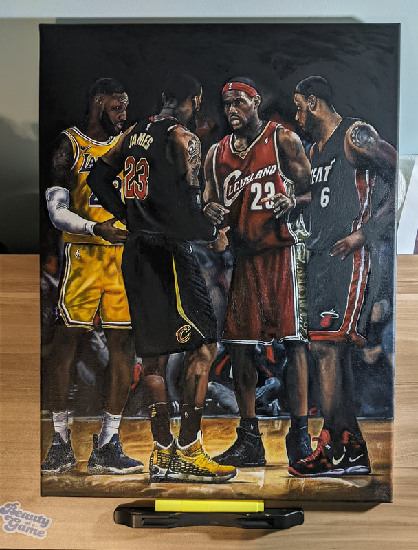 18"x24" oil painting of NBA great, LeBron James, featuring a composite in a Lakers, Cavs and Heat jersey.