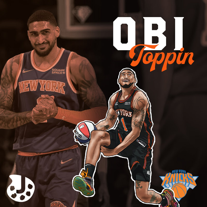Photoshop edit of New York Knicks, Obi Toppin, featuring a custom digital illustration